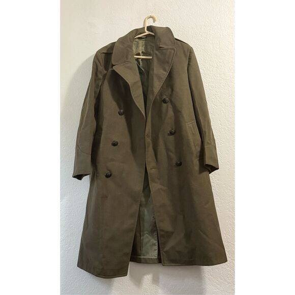 US Army Gabardine Overcoat Trench Men 38r  Olive Green  Double Breasted Wool - Picture 1 of 4